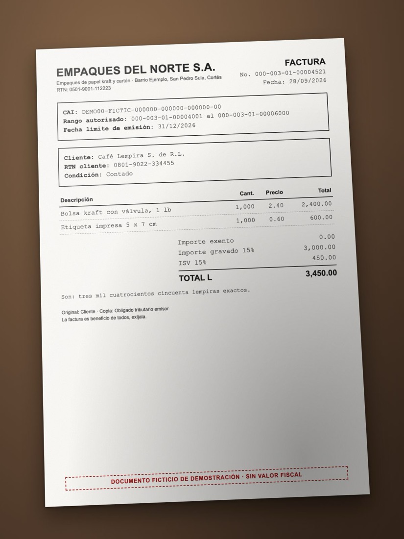 Foto de una factura de compra de demostración de Empaques del Norte S.A. por L 3,450.00